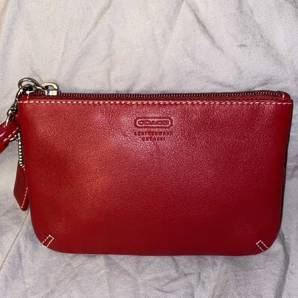 Like new Coach Double Stitched Corner Red Zip Wristlet Wallet Pouch - Picture 3 of 7